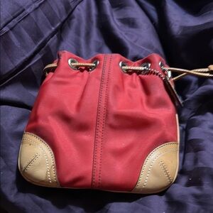 Red and Tan Mini Bucket Bag with Drawstring Closure